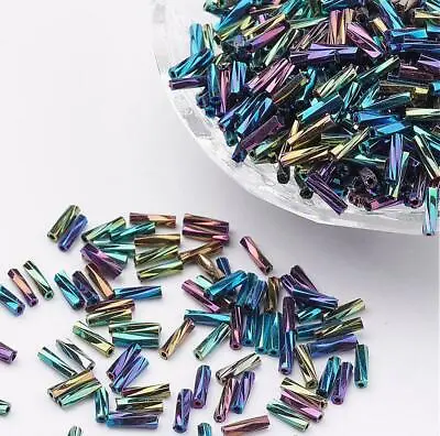 50g BUGLE BEADS TWISTED METALLIC AB RAINBOW GLASS 9mm • £2.99