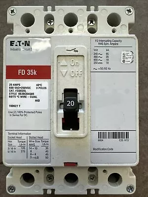 Eaton FD3020L 20 Amp Circuit Breaker 600VAC/250VDC NEW W/OUT BOX • $325