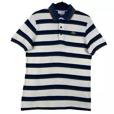 Lacoste White Green & Blue Striped Slim Fit Cotton Polo Shirt Size M • $29