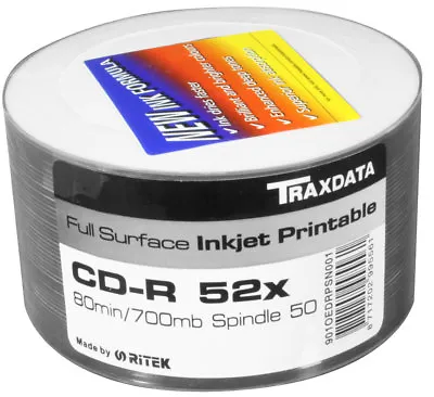 100 X Ritek Traxdata Blank CD-R Discs Inkjet Printable 700MB 52X Speed 2x50 Pack • £18.69