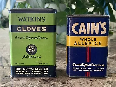 2 Vintage Spice Tins Containers WATKINS Ground Cloves CAIN’S Whole Allspice Lot • $17.99