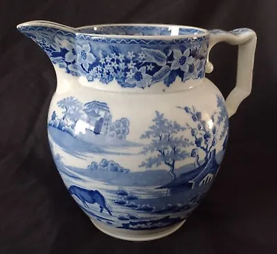 £49 • Buy 19thC Georgian Blue & White Pearlware Jug Cattle And Ruins C 1820