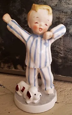 Ucagco Porcelain Japan 1950s Figure Sleepy Yawning Boy In Blue Pajamas With Dog • $15