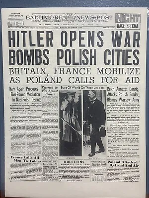 Vintage Newspaper Headline~adolph Hitler Starts Ww2 Bombs Polish Cities 1939 War • $14.49