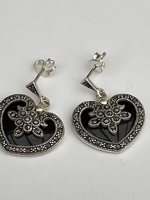 925 Sterling Silver Heart Marcasite Black Onyx Drop Dangle Earrings Length 2.5cm • £29