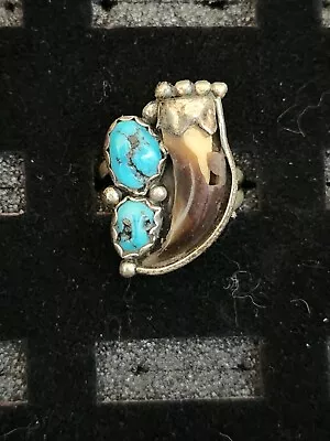 Vintage Navajo Silver Ring Woman's Handcrafted Coyote Claw Turquoise SZ 9 • $70.50