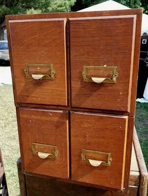 Vtg Antique Industrial Index Card File Cabinet 4 Drawer Oak Brass Stacking 1920s • £198.58