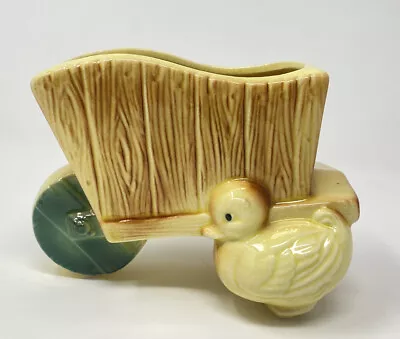 Vintage Yellow/Green/Brown Wheel Barrel With Baby Duck 6  Planter • $14.95