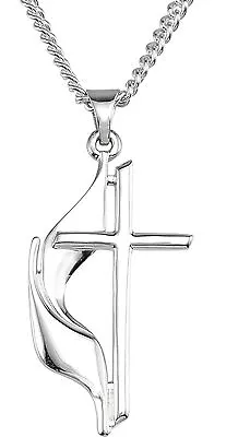 0.925 Sterling Silver United Methodist Cross & Flame Christian Pendant Necklace • $64.99