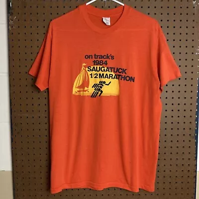 Vintage 80s 1984 Saugatuck Marathon Running T-shirt Size XL Mens Orange True VTG • $17.80