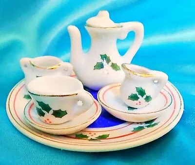 Vintage! MISTLETOE CHRISTMAS FLOWER PORCELAIN MINI TEA SET FIGURES  • $56.82