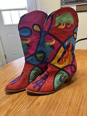 Vintage ZALO Western Cowgirl Boots BRIGHT COLORFUL Leather Artsy. Womens 8 Rare • $159.99