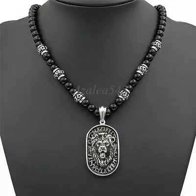 8mm Black Onyx Beads Men Silver Lion Shield Pendant Stainless Steel Necklace Set • $29.99