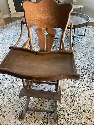 Antique Oak Convertible Pressed Back Victorian High Chair  With Cane 1890s Era • $200