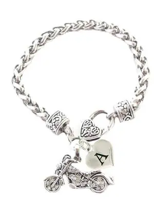 Custom Motorcycle Biker Chopper Silver Chain Bracelet Choose Initial Charm • $22.49