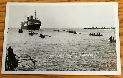 1930's Matson Line SS Malolo Entering Honolulu Harbor Canoes TH Hawaii AZO RPPC  • $12.50