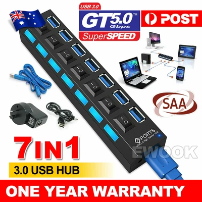 $18.85 • Buy 7 Port USB 3.0 HUB Powered +High Speed Splitter Extender PC AC Adapter Cable AU