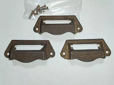 Antique Ornate Metal Printer / Apothecary / File Cabinet Drawer Pulls ~ Set Of 3 • $49.99