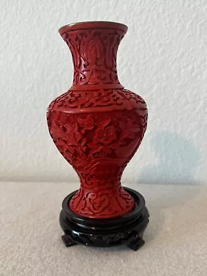 Vintage Red Cinnabar Carved Vase With Stand App. 6 Inches • $35