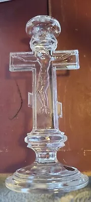 Vintage Clear Crystal Jesus Christ Crucifix Cross Candlestick Holder Made Russia • $0.99