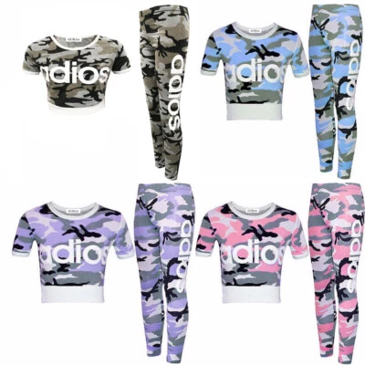 Girls Adios Camouflage Dress Children Crop Top Leggings Sports Set 7-13 Years • £8.99