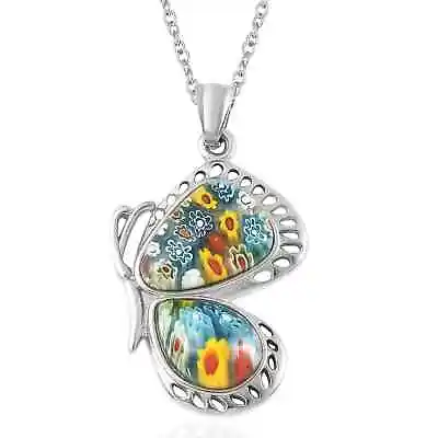 Colorful Butterfly Flower Pendant Necklace Murano Style Millefiori Glass 20  • $16.46