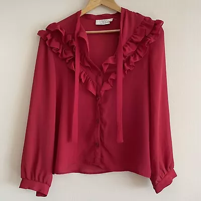 *Vintage Lady Teofric Size 12 Red Ruffle Front Bow Neck Long Sleeved Blouse  • $14.29