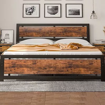Codesfir King Size Bed Frame Platform Metal Bed Frame Industrial Wood Headboard • $177.99