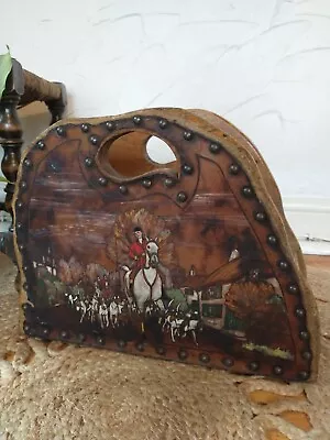 Vintage 30s Wood/Leather Magazine Rack - Home Made-Painted Hunting Scene-Dated • £60