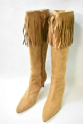 Amanda Smith Shoes Boots Tall Fringe High Heels Camel Suede Size 8.5 Women's New • $39.99