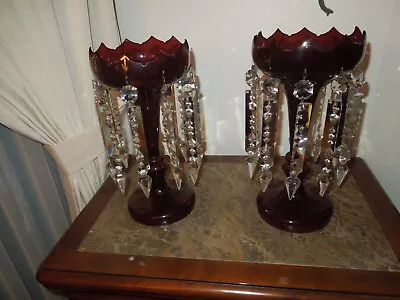 Pair Of Victorian Bohemian Mantle Lustres W/ 8  Crystal Prisms Cranberry • $269.95