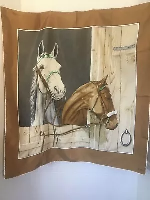 Vintage Echo Scarf 100% Silk Two Horses Stable Caramel Brown Equestrian Horse • $28