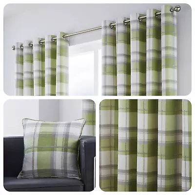 Fusion BALMORAL CHECK Green Tartan 100% Cotton Eyelet Curtains / Cushions • £49.95