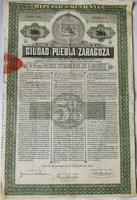 Mexico 1907 Republica Mexicana Ciudad Puebla Zaragoza 500 Pesos Coupons Bond • $60