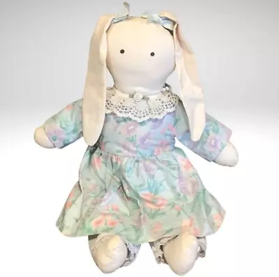 Bunny Rabbit Rag Doll Floppy Ear Blue Floral Dress Handmade Muslin Soft Body Toy • $14