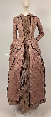 Victorian 1880’s Floral Silk Brocade Bustle Dress  w Ruched Tail • $495