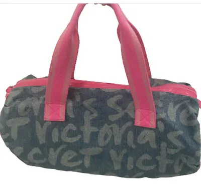 Victoria's Secret Bag Spell Out Denim Gym Duffle Weekender Travel Light Blue Med • $21