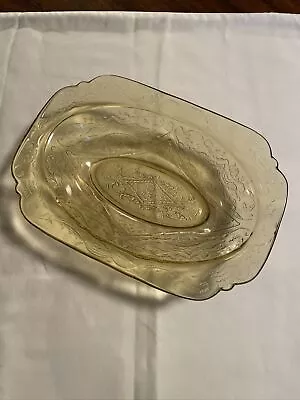 VINTAGE YELLOW MADRID DEPRESSION GLASS SERVING BOWL  10  Etched Lace Pattern • $12