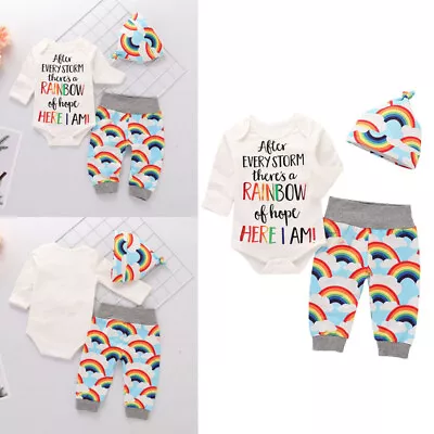 3PC Newborn Baby Girl Boy Rainbow Romper Tops Jumpsuit Pants Hat Outfits Clothes • $18.79