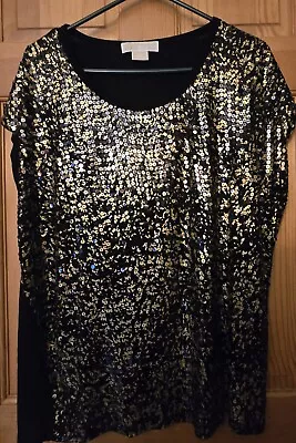 Michael Kors  Sz 2X Gold And Black Sequin Sheer 100% Polyester Top • $24.89