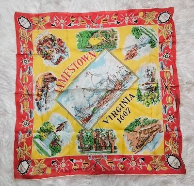 VTG Silk Souvenir Scarf Jamestown VA Landmarks Tourist Attractions Map 29x28 • $14.95