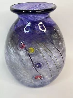 Hand Blown Art Glass Paul Allen Counts Purple Swirl Millefiore 7” Tall Vase • $250