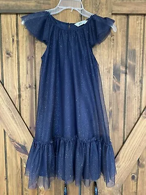 H&M Girls 9-10Y  Party Dress Lace Ruffle Navy Blue Sparkle Layered • $12