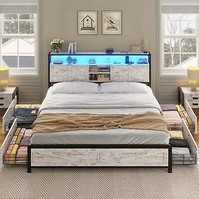 Queen Size Bed Frame With Storage Headboard4 DrawersLED Lights Washed Oak Grey • $316.89