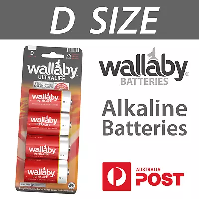 Wallaby D Size Alkaline Batteries LR20 4 Pack - Fast Free Post • $18.95