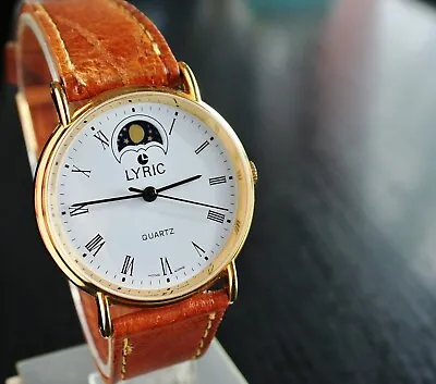 Vintage Lyric Elegant Moon Phase Dial Quartz Men's Golden Leather Dress Watch • $49.99