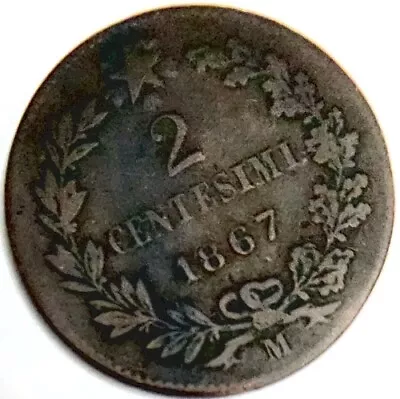World Coin 1867 M Italy 2 Centesimi Bronze Victor Emmanuel II KM 2.1 • $3.99