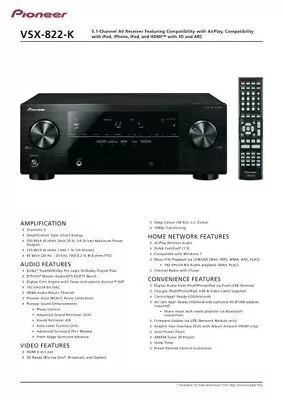 Pioneer VSX 822-K 5.1 Channel 140 Watt Receiver. Bundle With Remote And Manual. • $150