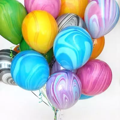 12  Marble Effect Balloon Rainbow Unicorn Ballon Super Agate Wedding Birthday UK • £2.49