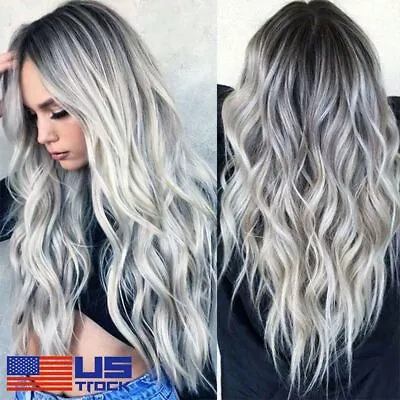 Silver Grey Lace Front Wigs Body Wave Wig Dark Gray Long Wavy Synthetic Hair USA • $13.53